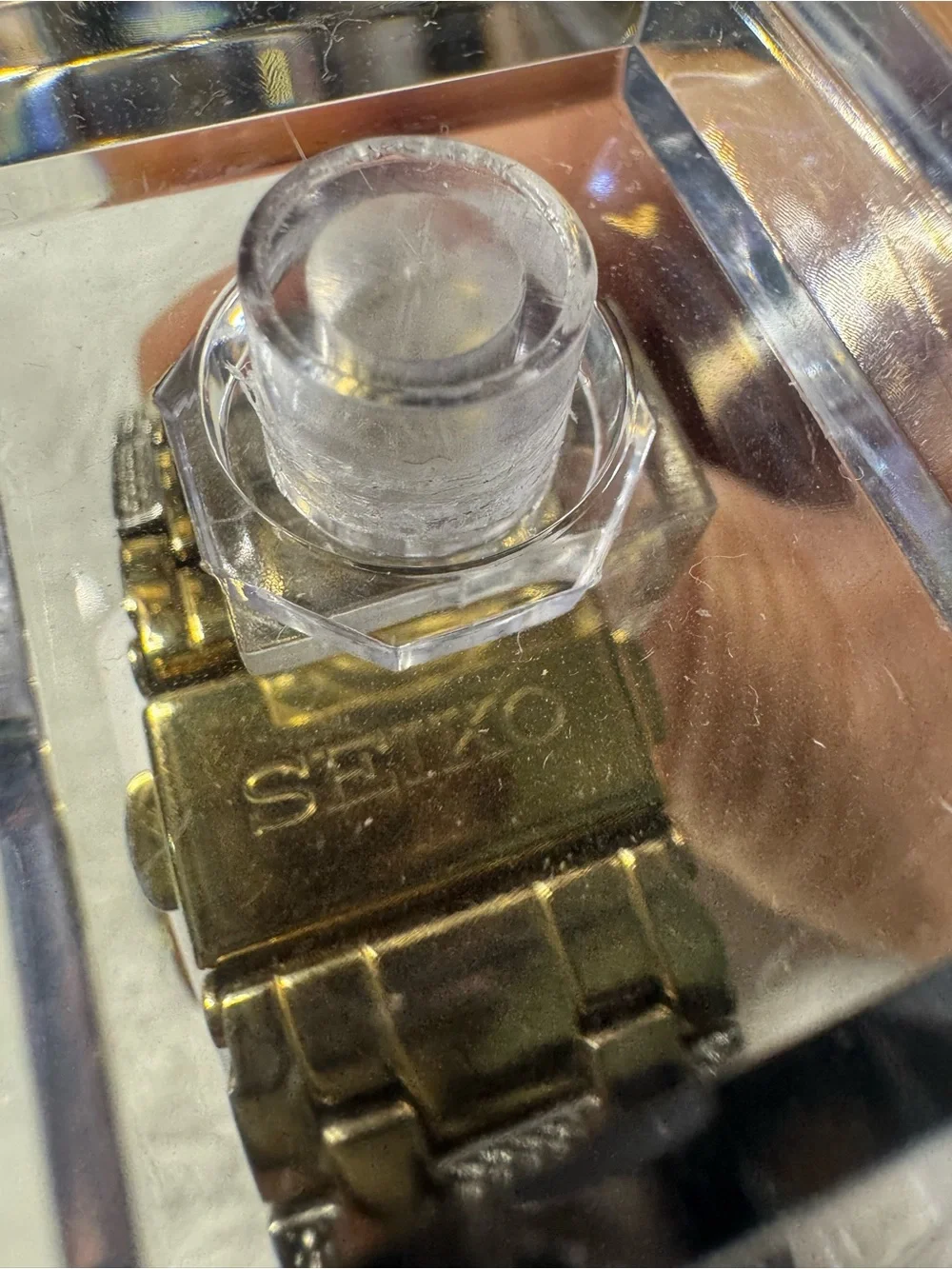 Seiko Gold-Tone Watch with Black Dial and Crystal Accents